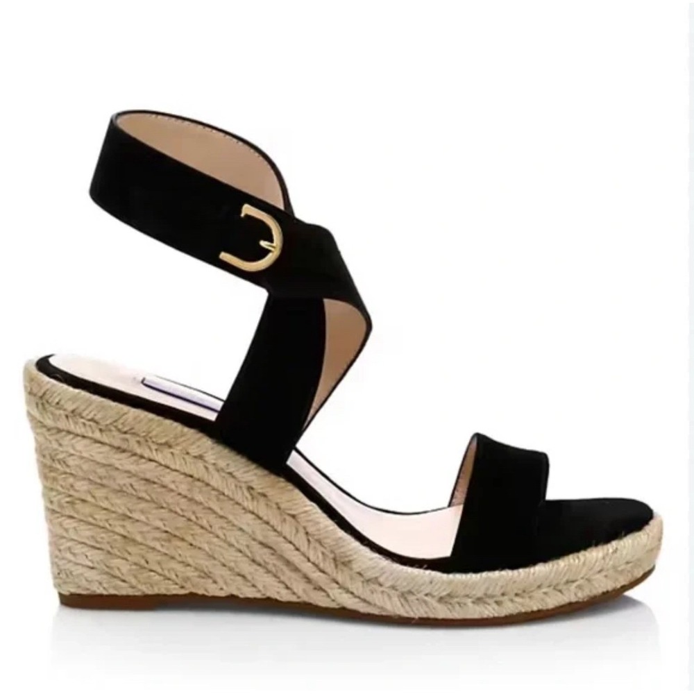 Stuart Weitzman Lexia Espadrille Wedge Sandal Ankle Strap Black Suede Size 8 - Picture 12 of 13